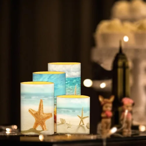 Miniatura 6 de Velas LED parpadeantes operadas por batería, juego de 4 con control remoto y temporizador, velas de llama danzante, velas de pilar para mesa, Playa