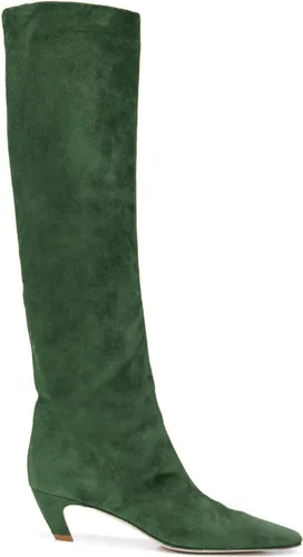 Miniatura 5 de MOOMMO Botas altas de tacón de gatito sobre la rodilla para mujer, punta cuadrada, de cuero mate, de meter de pantorrilla ancha, plisadas, tacón