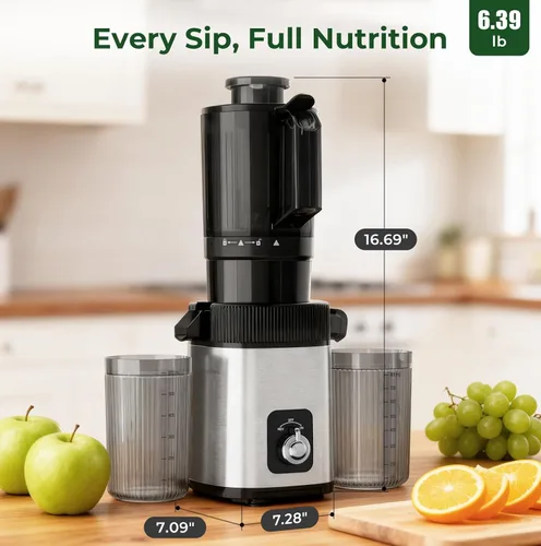 Miniatura 9 de Máquina exprimidora lenta de prensa en frío, exprimidor compacto de masticación lenta para verduras y frutas, canal de alimentación de 4.4 pulgadas