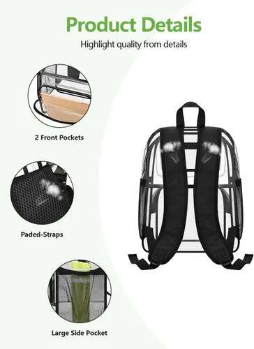Miniatura 5 de MAY TREE Mochila Transparente Aprobada para Estadios para Mujeres y Hombres, Bolsa Transparente para Eventos, Negro, Grande