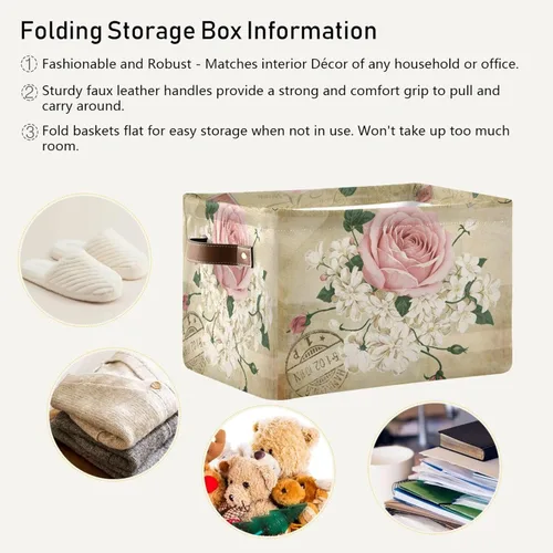 Miniatura 6 de ALAZA Shabby Chic - Caja de almacenamiento plegable con diseño floral de rosas, cestas organizadoras con asas para estantes, armario, sala de estar