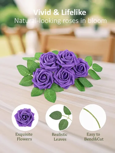 Miniatura 50 de N&T NIETING Flores artificiales, rosas artificiales de color rosa intenso, 50 piezas de flores falsas con tallo para ramos de boda DIY, centros