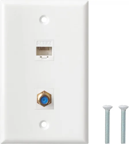 Placa de pared coaxial Ethernet - Placa de pared tipo F Cat6, 1 puerto Keystone Cat6 y 1 puerto tipo F conector coaxial Keystone - Blanco