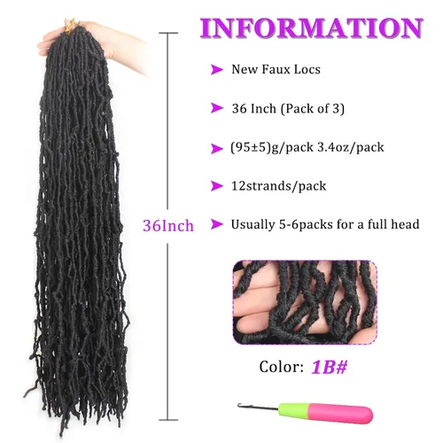 Miniatura 2 de ZRQ Extensiones de cabello sintético de ganchillo de 36 pulgadas, 3 paquetes, color negro natural, preenlazadas, largas, de diosa, sintéticas, 1b#