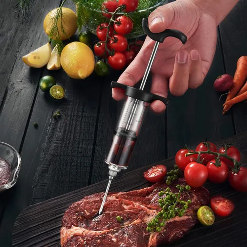 Miniatura 3 de JY COOKMENT Jeringa para inyector de carne, inyector de sabor marinado de 1 onza con 2 agujas profesionales, 1 cepillo de limpieza (negro)