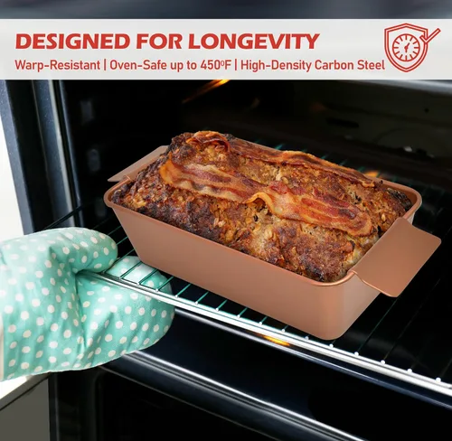Miniatura 3 de PERLLI Molde para pan de carne con bandeja de goteo, 2 unidades, 9.8 x 5.7 pulgadas, sartén antiadherente de cobre para pastel de carne con bandeja