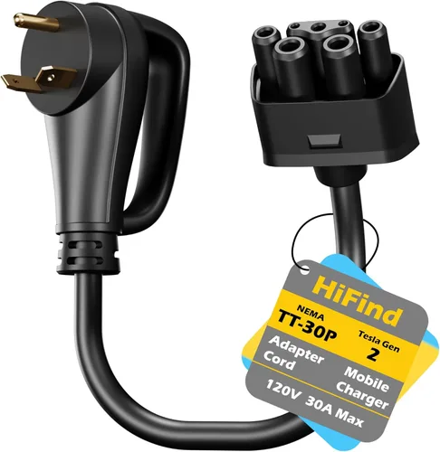 HiFind NEMA TT-30 - Enchufe adaptador para cargador móvil Tesla Gen 2 de 1 pie con mango de agarre, enchufe generador TT-30P a cable adaptador móvil