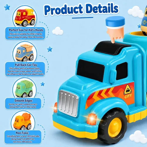 Miniatura 7 de Veslier Camiones de Juguete para Niños de 2, 3, 4, 5 Años, Camiones de Construcción y Transporte para Niños Pequeños de 2-4 Años con 4 Coches