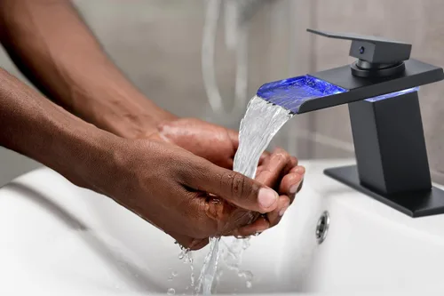 Miniatura 8 de Grifo LED para Lavabo de Baño - Negro Mate de Un Solo Agujero o Centerset de 4 Pulgadas Grifo de Cascada con Boquilla de Acero Inoxidable y Luces