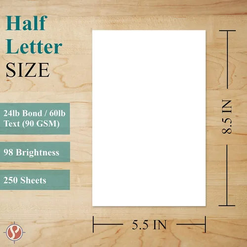 Miniatura 5 de Hojas de tamaño media carta: papel de copia de 8.5 x 5.5 pulgadas, hojas de notas blancas, papel grueso de 24 libras, 250 hojas por paquete