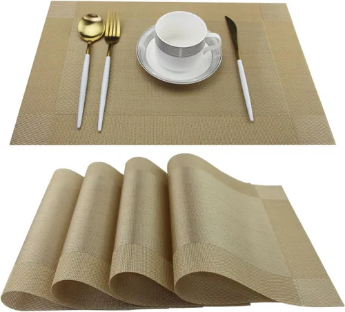 Miniatura 33 de Juego de 6 manteles individuales de plástico lavables para mesa de cocina, resistentes al calor, de vinilo tejido, para exteriores, 12 x 18 Dorado