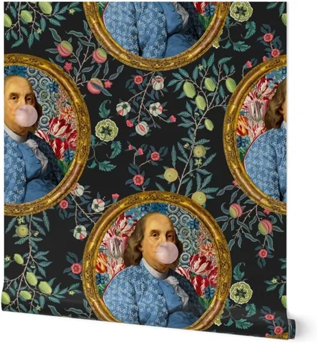 Spoonflower Muestro de papel tapiz extraíble - Bubblegum Ben Franklin Presidente Floral Print Charcoal Novedad Papel pintado personalizado pre-pegado