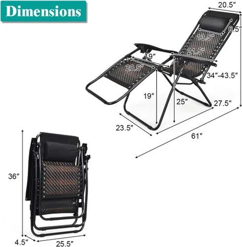 Miniatura 3 de Tangkula Sillón de ratán de gravedad cero, silla de descanso plegable para exteriores con almohada extraíble para la cabeza, salón ajustable