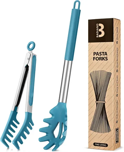 Cuchara de silicona para espaguetis y pinza para pasta, mango de acero inoxidable antiadherente, juego de tenedores para pasta con dientes, clip Azul