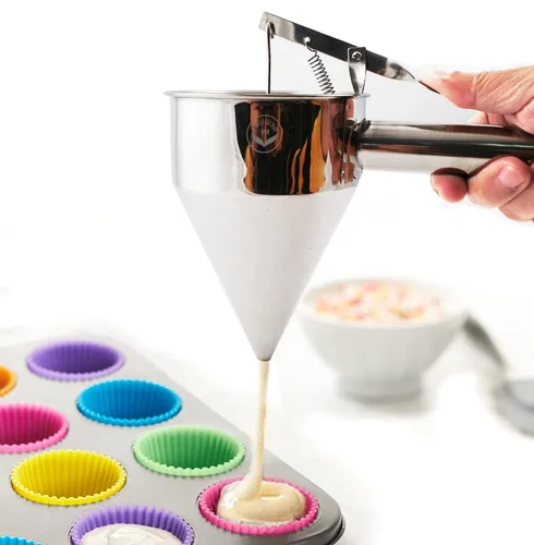 Miniatura 4 de Dispensador de embudo para hornear de acero inoxidable con soporte para panqueques Takoyaki, pasteles, pasteles, postres