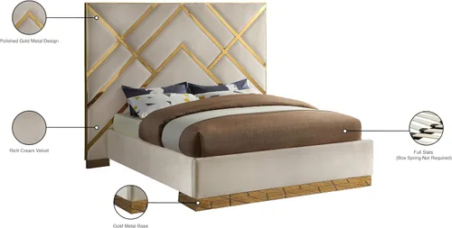 Miniatura 6 de Meridian Furniture VectorCream-K Vector Collection Modern Cama tapizada de terciopelo contemporánea, base de metal dorado personalizada y diseño