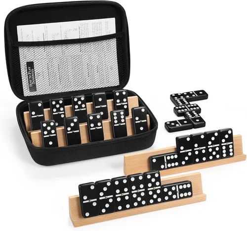 Juego de dominós jumbo para adultos con 4 estantes/bandejas de madera, juego de dominós doble 6 para viajes con estuche portátil, juego de dominós