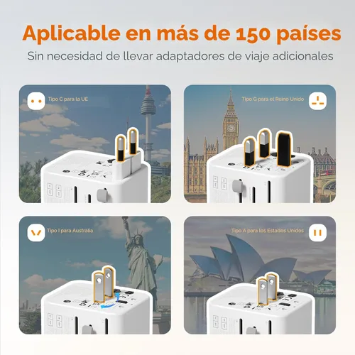 Miniatura 2 de TESSAN Adaptador de viaje universal de 28 W, adaptador de corriente internacional con 3 puertos de carga USB C 2 USB A, adaptador de enchufe mundial