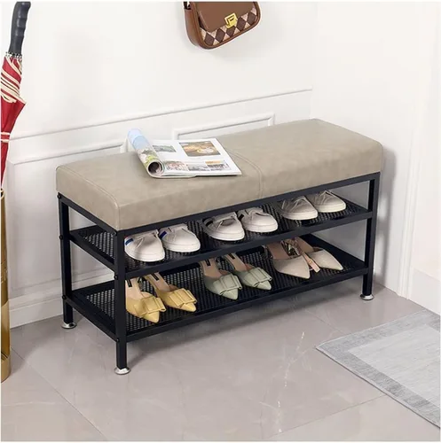 Miniatura 2 de Zapatero de 3 niveles para entrada, banco de almacenamiento acolchado con estante de malla, marco de metal, organizador de zapatos con asiento Gris