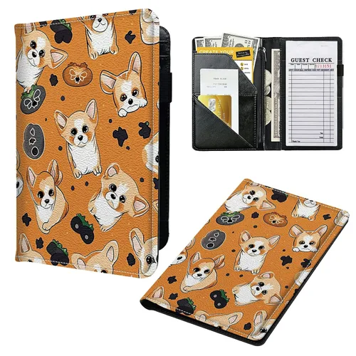 Miniatura 30 de Libros para camarera, cartera de cuero con bolsillo con cremallera, 7 bolsillos de almacenamiento para recetas y cheques, soporte para bolígrafos
