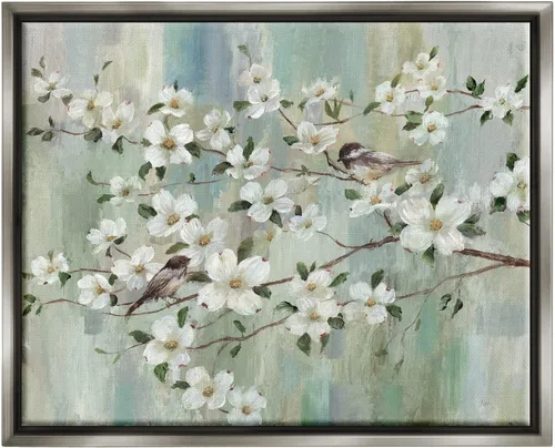 Miniatura 8 de Stupell Industries Delicadas flores de cerezo encaramadas pájaros pintura clásica flotante enmarcado arte de pared, diseño de Nan