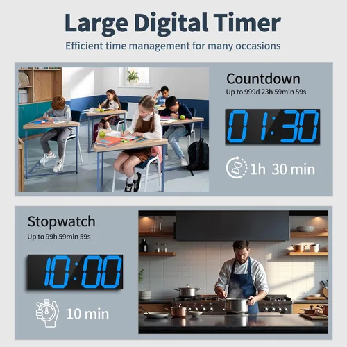 Miniatura 5 de CHKOSDA Reloj de pared digital automático de 18.7 pulgadas, reloj de pared LED con pantalla grande, reloj multifunción con alarma y temporizador