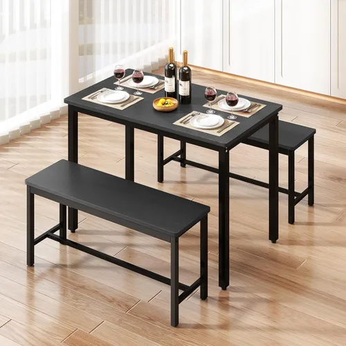 Rovibek Juego de mesa de comedor para 4 personas con 2 bancos, juego de mesa de cocina que ahorra espacio para cocina y comedor, color negro