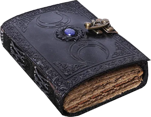 Diario de cuero vintage con piedra semipreciosa, diseño de triple luna, 200 páginas de papel antiguo con borde de deckle – Libro de sombras, diario