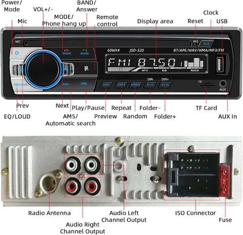 Miniatura 6 de JSD-520 Coche Estéreo Audio Solo DIN Bluetooth Manos Libres FM Radio Receptor USB Carga/MP3/AUX/TF, No Reproductor de CD