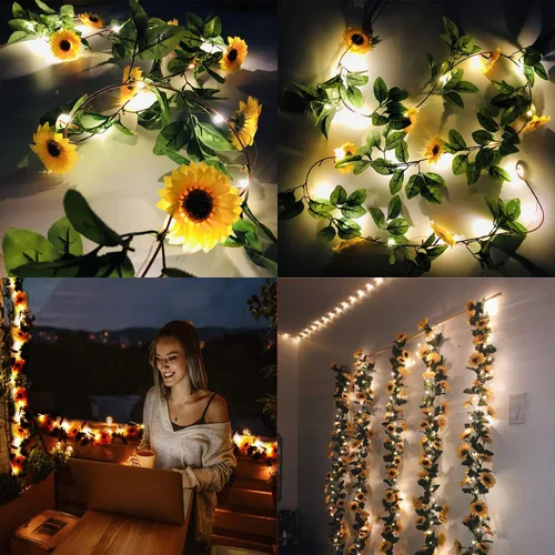 Miniatura 3 de Guirnalda de girasoles artificiales con luces preiluminadas, decoración de girasol de 16.5 pies, enredaderas falsas, flores colgantes, guirnalda
