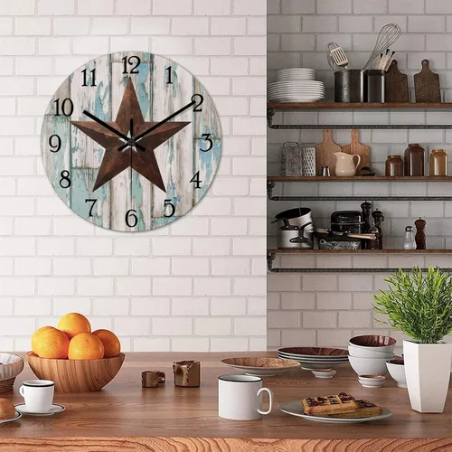 Miniatura 4 de Reloj de pared vintage con estrella de Texas occidental de madera rústica, sin tictac, silencioso, funciona con pilas, fácil de leer, elegante reloj