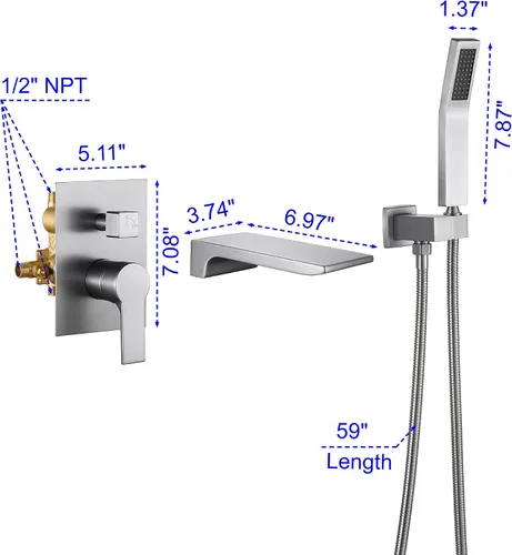 Miniatura 7 de SHAMANDA Grifo de bañera de cascada montado en la pared con ducha de mano, grifo de bañera de baño de una sola manija, juego de grifo de ducha