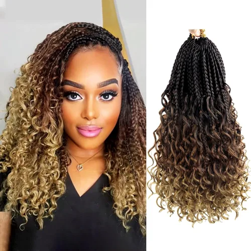Miniatura 107 de Goddess Box Braids - Trenzas de cabello a ganchillo con extremos rizados, trenzas de caja bohemianas de 16 pulgadas, trenzas de ganchillo, 8 1B-4-30