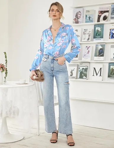 Miniatura 5 de Ekouaer Conjunto de pijama clásico de seda satinada con botones para mujer