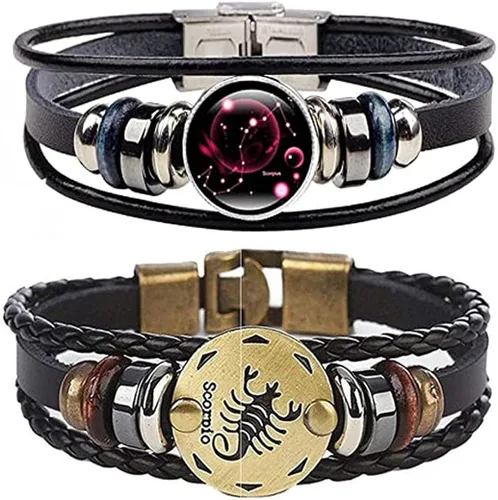 Pulsera de cuero trenzado a mano con 12 cuentas de constelación para hombre, estilo retro, 2 unidades
