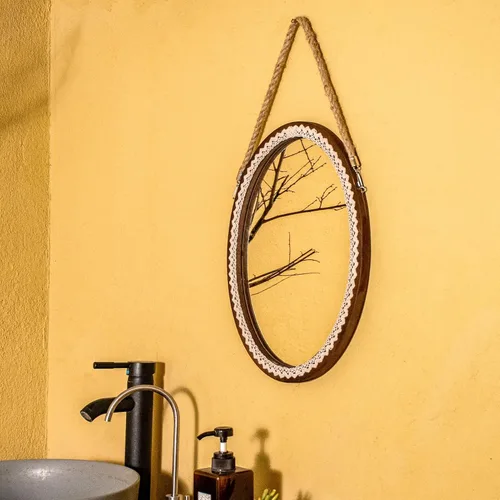 Miniatura 5 de OKSQW Espejo de pared ovalado de 16 pulgadas, marco de encaje, arte decorativo, rústico, de madera, espejo colgante con cuerda para entrada