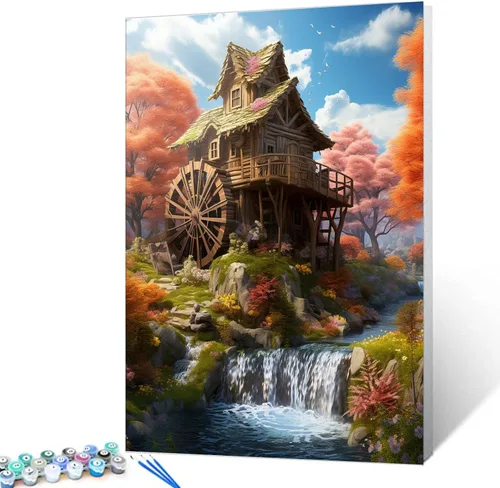 Miniatura 11 de Tucocoo Kit de pintura de flores para casa por números con pinceles y pigmento acrílico sobre lienzo para adultos, paisajes de bosques arroyos