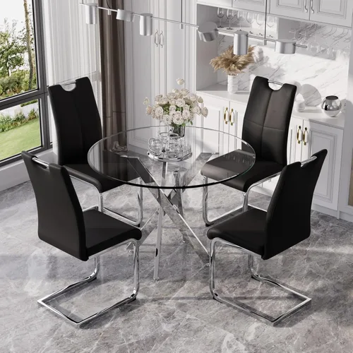 Miniatura 12 de Juego de mesa de comedor redonda moderna de vidrio de 36 pulgadas para 2, mesa de comedor de vidrio con patas cruzadas de metal, mesa de cocina