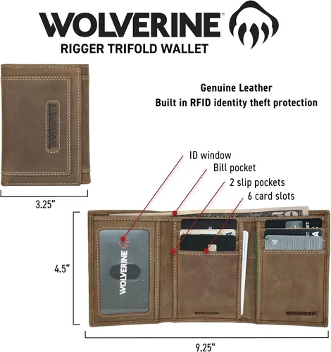 Miniatura 5 de Wolverine Mens Bifold Wallet RFID Protection ID Window Card Slots Bill Pocket Durable Leather Canvas