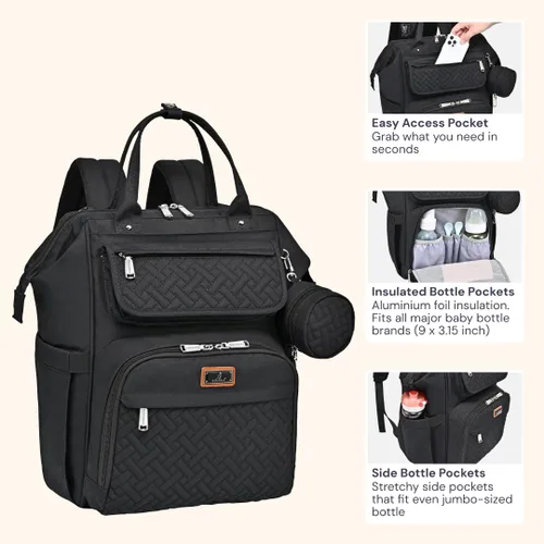 Miniatura 4 de BabbleRoo - Mochila para pañales, bolsa multifuncional para cambiar pañales con cambiador, correas para cochecito y funda para chupón, unisex, Negro