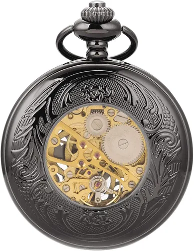 Miniatura 6 de ManChDa Reloj de bolsillo mecánico vintage negro con cadena para hombres + caja