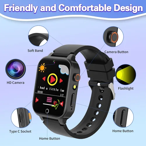 Miniatura 7 de Vakzovy Reloj Inteligente para Niños Varones con 26 Juegos de Rompecabezas Pantalla Táctil HD Cámara Podómetro Reproductor de Música Linterna