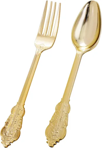 Miniatura 11 de BUCLA Juego de cubiertos de plástico dorado de 200 piezas, juego de cubiertos desechables resistentes, 100 tenedores de plástico dorados y 100