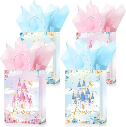 Nezyo 16 bolsas de recuerdo de fiesta de princesa príncipe con asas y papel de seda, bolsas de regalo para cumpleaños, baby shower, regalos de