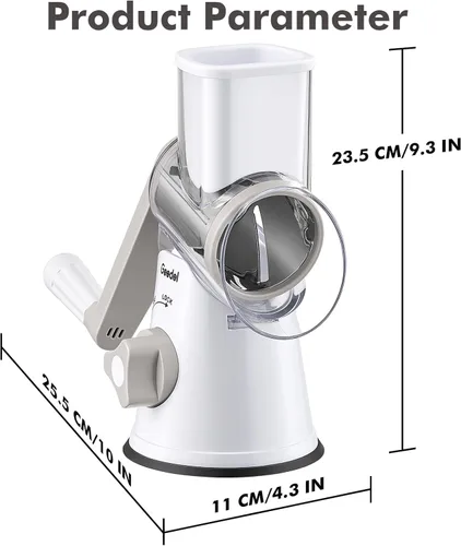 Miniatura 9 de Rallador de queso giratorio Geedel, rallador de mandolina de cocina para vegetales con 3 cuchillas intercambiables, rallador giratorio fácil