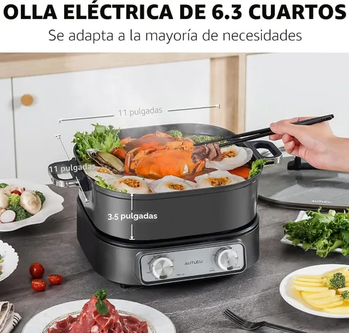 Miniatura 2 de Sartén eléctrica de 6 cuartos con parrilla Olla antiadherente con revestimiento cerámico libre de PFOA, 1600W, temporizador y 3 configuraciones
