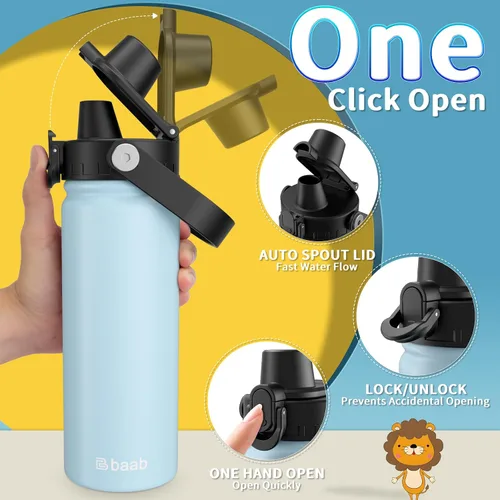 Miniatura 4 de baab Botella de Agua para Niños de 18 oz, Botella de Agua Aislada para Niños con Tapa de Boquilla Bloqueable y Calcomanías, Taza de Agua para Niños