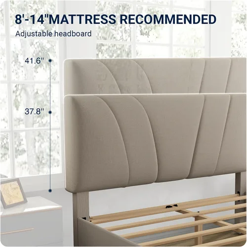 Miniatura 4 de Avenco - Base de cama tamaño matrimonial con plataforma tapizada y cabecera ajustable, soporte de listones de madera, fácil montaje, no necesita