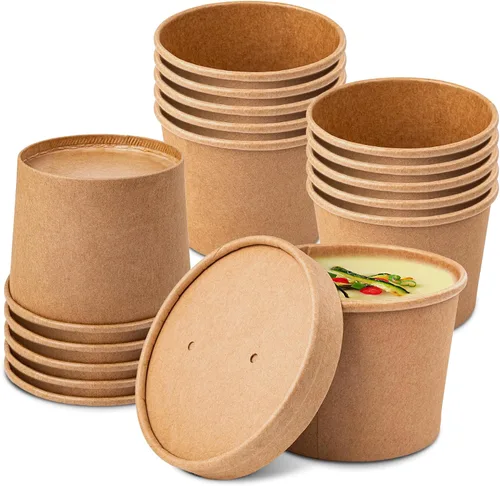 PakTalk Paquete de 50 Recipientes de Sopa con Tapas, Vasos de Helado Desechables y Biodegradables, Cuencos de Sopa de Papel Kraft de 12 oz con Tapas