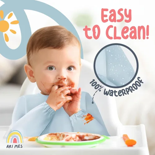 Miniatura 4 de ARI MES Baberos impermeables de manga larga para bebés para comer - Arcoíris, pequeño - Vestible, cubretodo para niño pequeño, babero de manga